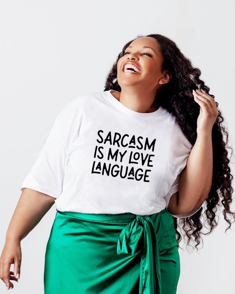 Front of a model wearing a size 2XL Sarcasm Is My Love Language in White by Simply Sage Market. | dia_product_style_image_id:281717